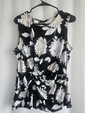 DKNY Black and White Floral Twist-Front Tank Top Large